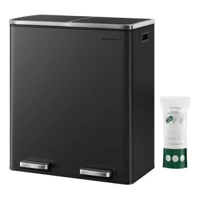 Abbildung von SONGMICS Mülleimer, 2 x 30 Liter, Fächer, Mülltrennsystem, Treteimer, Abfalleimer Küche, 15 Müllsäcke, Metall, Inneneimer aus Kunststoff, Klappdeckel, Softclose, luftdicht, schwarz LTB60BK