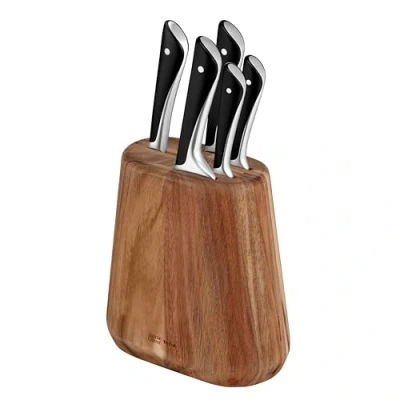Abbildung von Jamie Oliver by Tefal 5 teiliges Küchenmesser Set + Block, Koch /Santoku /Brot /Universal /Schälmesser, eisgehärtet, deutsche Edelstahlklingen, Akazienholz Braun, K267S556