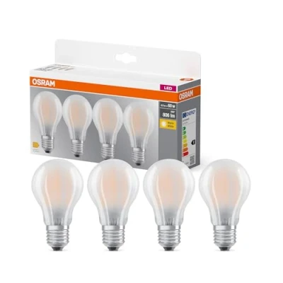 Abbildung von OSRAM LED BASE A60, Vorteilspack mit 4 Leuchtmittel, ersetzt herkömmliche 60W Glühbirnen, 6.5W, warmweiß (2700K), Filament Glas, nicht dimmbar, Birnenform, E27