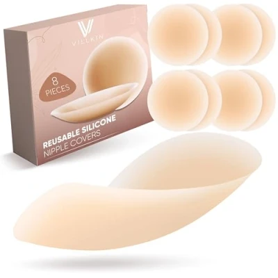 Abbildung von Villkin Nippelpads 8 Stück Selbstklebende Nippel Cover für Damen Wiederverwendbar &amp; waschbar Brustwarzen Abdeckung aus hochwertigem Silikon Ø 8,5 cm