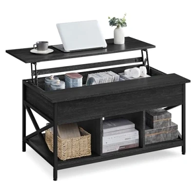 Abbildung von VASAGLE Couchtisch, höhenverstellbarer Wohnzimmertisch, Kaffeetisch, offener und versteckter Stauraum, x Streben, 60 100 (48 62) cm, anthrazitgrau schwarz LCT205B22