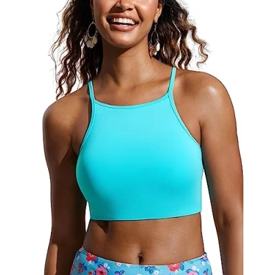 Abbildung von CRZ YOGA Damen Bikinitops Stehkragen Bikini Sport BH Racerback Gepolstert Bikinioberteil Sexy Oberteil Türkis 38