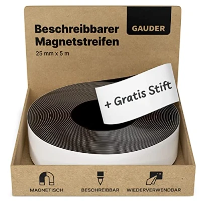Abbildung von GAUDER Magnetstreifen beschreibbar zum Beschriften Beschreibbare weiß (25 mm x 5 m)