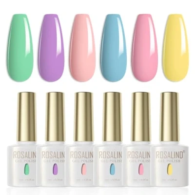 Abbildung von ROSALIND UV Nagellack，6 Farben grün Lila Rosa Blau Gelb Gel Shellac Soak off LED Nail Polish Gellack Sommer Set für Anfänger Art Salon