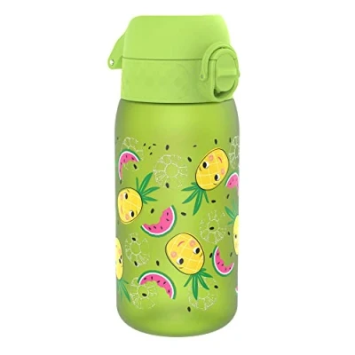 Abbildung von Ion8 Kinder Trinkflasche, 350ml, Auslaufsicher, Einhandöffnung, Sichere Verriegelung, Spülmaschinenfest, BPA frei, Tragegriff, Klappdeckel, Leicht zu Reinigen, Klimaneutral, Ananas Design