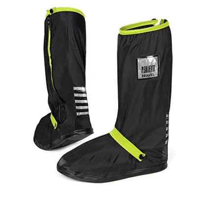 Abbildung von PERLETTI Überschuhe Schwarz Wasserdicht Beständig Rutschfest Schuhüberzieher Wiederverwendbar Verstärkt mit Reflektorstreifen Hohe Regenschutz Galoschen für Regen Schnee (L (43/45 EU), Lindgrün)