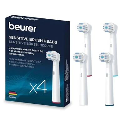 Abbildung von Beurer TB 30/50 Aufsteckbürsten für elektrische Zahnbürste, Oral B kompatible Bürstenköpfe, Sensitive, 4 Stück, weiße Ersatzbürsten