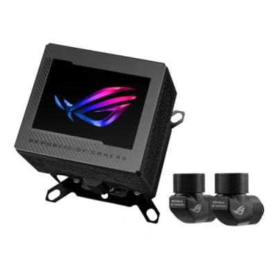 Abbildung von ASUS ROG Ryujin III WB LCD CPU Wasserblock (Asetek mit 178 Mikrokühllamellen und Kühlplatte aus Kupferlegierung, 3,5 Zoll Bildschirm, integrierter VRM Lüfter, Fittings, schwarz)