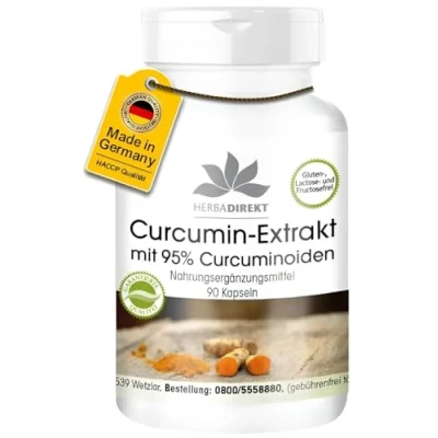 Abbildung von Curcuma (Kurkuma) Kapseln Curcumin Extrakt mit schwarzem Pfeffer 90 1425mg Curcuminoide pro Tagesdosis hochdosiert vegan HERBADIREKT Deutsche Apothekenqualität