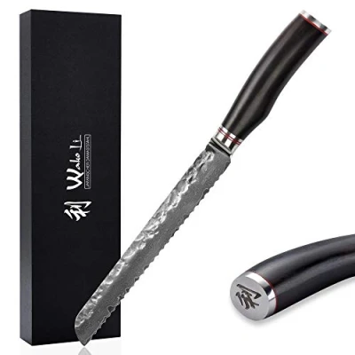 Abbildung von Wakoli EBO Premium Damast Brotmesser mit 20 cm Klinge Wellenschliff und Hammerschlag gefertigt aus 67 Lagen echtem Damaststahl schwarzem Eichenholzgriff I Küchenmesser Profi Kochmesser