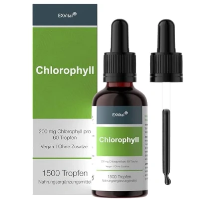 Abbildung von Liquid Chlorophyll aus Alfalfa hochdosiert &amp; ohne Konservierungsstoffe 200 mg natürliches pro Tagesdosis 100% vegan in Deutschland hergestellt 50 ml Tropfen