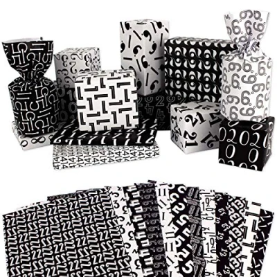 Abbildung von Papierdrachen Adventskalender Geschenkpapier zum Einpacken von Adventsgeschenken schwarz mit Zahlen bedruckt Set 5