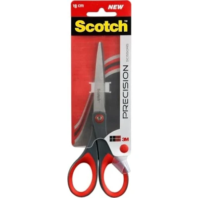 Abbildung von Scotch Präzisions Büroschere mit rostfreien Stahlblättern 18cm Ideal für präzises Schneiden, Rechts und Linkshänder geeignet Farbe grau/rot