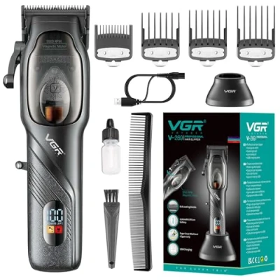 Abbildung von VGR Professionelle Haarschneidemaschine für Männer, Elektrisch einstellbarer Haar und Bartschneider, USB wiederaufladbares T Klingen Haarschneideset, LED Anzeige Barber Clipper, 269