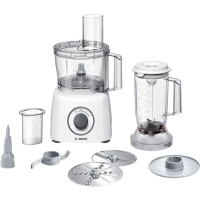 Abbildung von Bosch Kompakt Küchenmaschine Multi Talent 3 MCM3200W, 30 Funktionen, Universalmesser, Schneiden und Raspeln, Schlagscheibe, Weiß, 800 W, Rührschüssel 2,3 L, Mixer 1,0 L