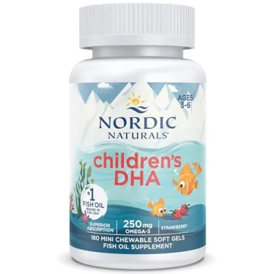 Abbildung von Nordic Naturals, Children&#039;s DHA, 250mg Omega 3 für Kinder aus Lebertran, Erdbeeraroma, mit EPA und 180 Weichkapseln, Laborgeprüft, Sojafrei, Glutenfrei, Ohne Gentechnik
