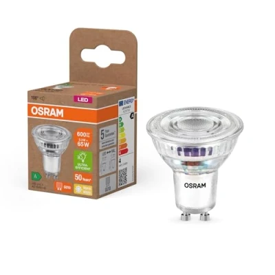 Abbildung von Osram Energy Class LED Reflektor Lampe PAR16 mit 3.3 W, 600 lm, warmweiß (2700 K) aus klarem bleifreiem Glas GU10 Sockel in der Energieeffizienzklasse A, 50 mm Durchmesser, IP20.