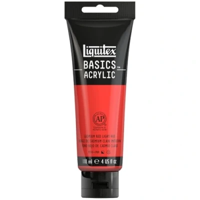 Abbildung von Liquitex 8870034 Basics Acrylfarbe, monopigmentierte Künstlerpigmente, lichtecht, mittlere Viskosität, Archivqualität, seidenglänzender Finish, 118ml Tube Kadmiumrot Hell Farbton