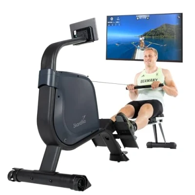 Abbildung von Skandika Rudergerät Njord Ruderergometer mit 16 Stufen, klappbar, Studioqualität, 8 kg Schwungmassensystem, max. 180 kg, Lange Laufschiene, Kinomap, Bluetooth, Fitnessgerät für Zuhause