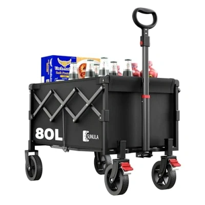 Abbildung von SUNULA Bollerwagen Faltbar Klein 80L 100KG, Faltbarer Klappbarer Handwagen mit Halbiertem Eigengewicht, Geländegängig Bremsen, Schwarz