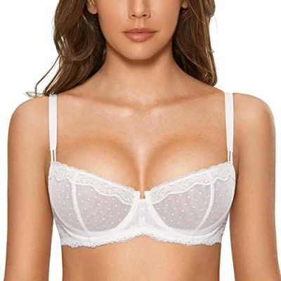 Abbildung von DOBREVA Balconette BH Damen mit Bügel Push Up Dirndl Spitze BHS Sexy Grosse Grössen Ungefüttert Weiss 80B