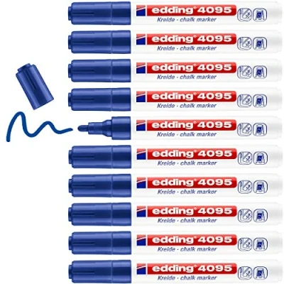 Abbildung von edding 4095 Kreidemarker blau 10 Kreidestifte Rundspitze 2 3 mm Kreidestift für Tafel abwischbar zum Beschriften von Fenster, Glas, Spiegel Tafelstift mit deckenden Farben