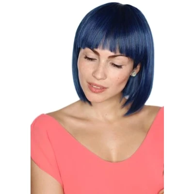 Abbildung von Prettyland Damen kurze natürliche wie Echthaar kurzhaar kinnlange BOB glatte Perücke blue black short Wig Blau Schwarz C442