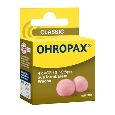 Abbildung von OHROPAX Classic Ohrstöpsel vor Ohr Stöpsel zum Schutz Lärm, Nässe und Wind aus formbarem, anschmiegsamen Wachs bequem für alle Ohren geeignet Schalldämmwert SNR 21 dB 4 Stück