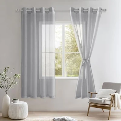 Abbildung von DWCN Vorhang Weiß Sheer Voile Vorhänge mit Ösen Transparente Gardinen für Schlafzimmer Kinderzimmer Wohnzimmer 2er Set, Grau, 160x140cm(HxB)