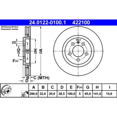 Abbildung von ATE 24.0122 0100.1 Bremsscheibe 280,0 22,0 5 100,0 Belüftet beschichtet hochgekohlt VOLKSWAGEN: GOLF 3, Corrado, Passat B3/B4 Estate, SEAT: TOLEDO 1