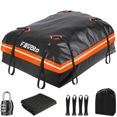 Abbildung von Favoto Dachtasche 425L Faltbarer Dachkoffer wasserdichte Dachbox mit Antirutschmatte Türhaken Verstärkungsgurte für PKW Autos SUVS mit/ohne Gepäckträger Reisen Gepäcktransport Schwarz Orange