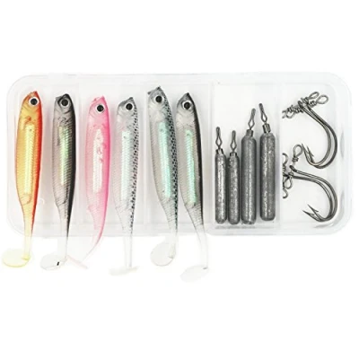 Abbildung von Drop Shot Rig Angelzubehör Set für Barsch und Zander, inkl. Gewichte, Soft Minnow Köder, Haken
