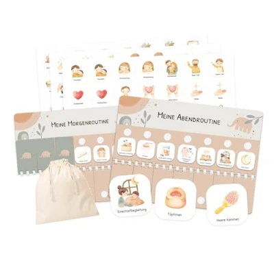 Abbildung von Routine Planer Kinder für Morgenroutine und Abendroutine Routineplaner, Tagesplan mit Klett Punkten 105 Symbolkärtchen, Montessori Planer, Routinehilfe zum Umklappen (Elephant)
