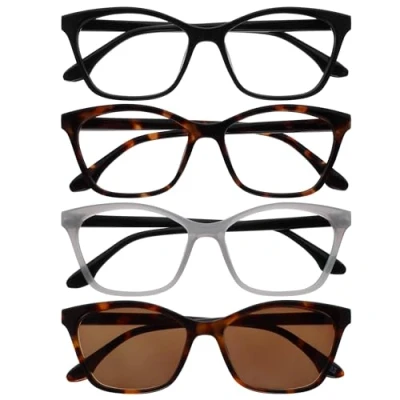 Abbildung von OPULIZE KAT Lese &amp; Sonnenleser 4er Pack Cat Eye Katzenaugen Fassung Schwarz, Braun, Grau, Braun Herren Damen Federscharniere RRRS59 1272 +3.00