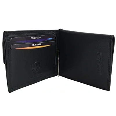 Abbildung von myledershop Rind Nappa Leder Geldbörse/Geldbeutel/Portemonnaie/Portmonaise/Geldtasche/Portmonee mit Geldklammer und seperaten Kartenfächern RFID &amp; NFC Schutz in Schwarz