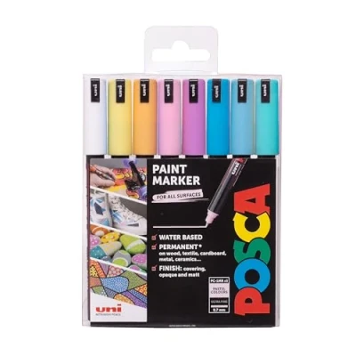 Abbildung von Posca PC 1MR Permanent Marker auf Wasserbasis, ultrafeine Spitze für Kunst und Handwerk, vielseitig einsetzbar Holz, Metall, Papier, Pappe, Glas, Stoff, Keramik Stein, Pastellfarben, 8 Stück