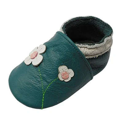 Abbildung von YALION Baby Mädchen Weiches Leder Lederpuschen Kleinkinder Krabbelschuhe mit Süßen Blumen Grün,EU 18/19=S