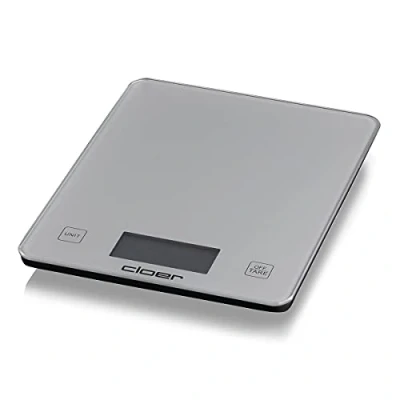 Abbildung von Cloer 6878 Digitale Küchenwaage für bis zu 10 kg, Zuwiegefunktion, Gewichtsmessung in 1 g Schritten, Mengenangabe Gramm, Milliliter oder Unze möglich, Glasoberfläche, LCD Display, silber