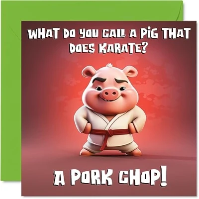 Abbildung von Lustige Geburtstagskarten für Frauen und Männer Papa Witz Karate Pig Happy Birthday Karte Mama, Vater, Bruder, Schwester, Sohn, Tochter, Oma, Großvater, Cousin, Kollegen, 145 mm x mm,