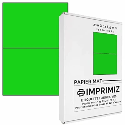 Abbildung von 50 selbstklebende Etiketten neon grün von 148,5 x 210 mm 2 Etiketten/Blatt 25 Blatt A4 / Papier matt Farbe Für Inkjet/Laser/Kopier Drucker farbig