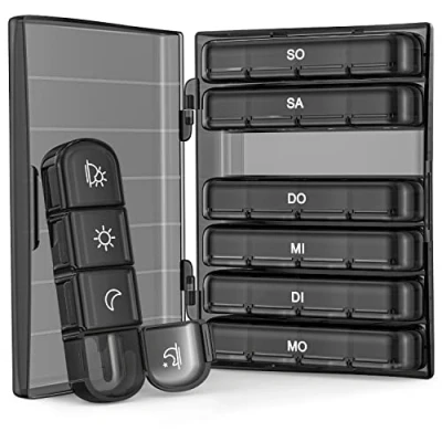 Abbildung von AUVON Tablettenbox 7 Tage Morgens Mittags Abends Nachts, Medikamentenbox 4 Fächer BPA frei, Klein Pillendose Große für Medikamente, Vitamine, Fischöl