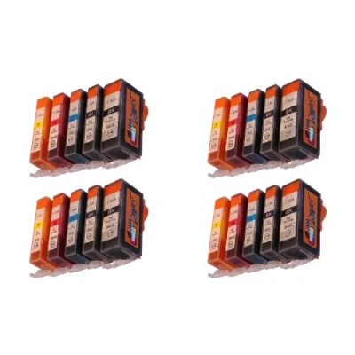 Abbildung von 20 Druckerpatronen für Canon mit Chip, ersetzt PGI 525BK schwarz, CLI 526BK 526C cyan, 526M rot, 526Y gelb
