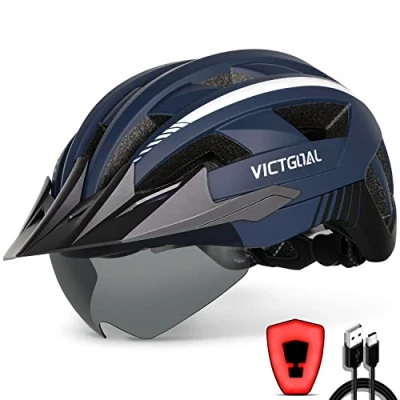 Abbildung von VICTGOAL Fahrradhelm Herren Damen MTB Helm mit Abnehmbarer Magnetische Schutzbrille Visier Atmungsaktiv 21 Belüftungskanäle Radhelm Einstellbare Fahrradhelme (M: 54 58cm, Marine)