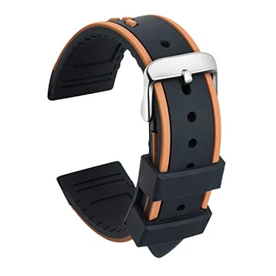 Abbildung von ULLCHRO Unisex Kautschuk Armband mit Gebürstete Edelstahl Silber Schnalle 22mm Schwarz Braun