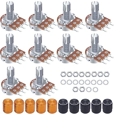 Abbildung von Taiss / 10pcs B1K Ohm Linear Potentiometer 3 Klemmen Rotary Audio B Typ Potentiometer, Lautstärkeregler + Knopf (Schwarz und Gold je 5)