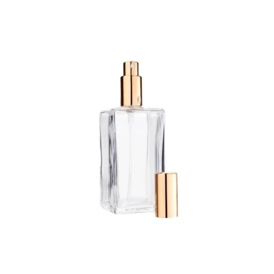 Abbildung von Fantasia Parfum Flakon leer 100ml mit Zerstäuberpumpe, Klarglas Flasche eckig, zum selber Befüllen Parfum, Zerstäuber und Kappe in Gold, nachfüllbar für