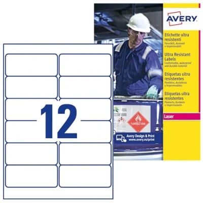 Abbildung von AVERY Zweckform L7913 10 Strapazierfähige Folienetiketten (120 Aufkleber, 99,1x42,3mm auf A4, extrem stark selbstklebend, für schwierige Oberflächen, bedruckbare Outdoor Klebefolie) Blatt, weiß