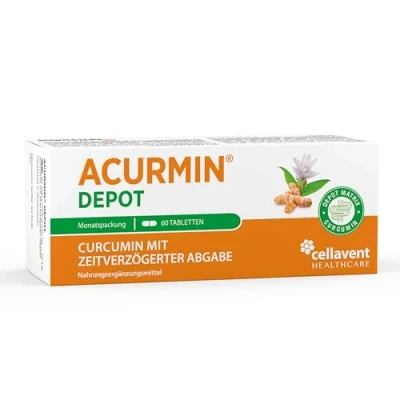 Abbildung von Acurmin DEPOT Curcumin mit zeitverzögerter Abgabe Lokale Freisetzung im Magen Darm Bereich 60 Kurkuma Tabletten