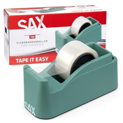 Abbildung von SAX Tape it Easy XXL Einhand Klebeband Abroller extra Schwer für 1x 50mm Band oder 2x 25mm Band, Paketbandabroller mit Stiftehalter Funktion, rutschfest, inkl. doppelseitige Klinge, Salbeigrün