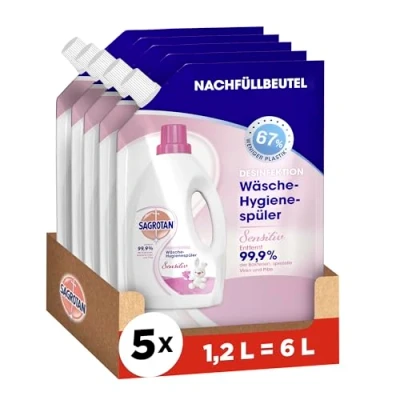 Abbildung von Sagrotan Wäsche Hygienespüler Sensitiv Nachfüller Desinfektionsspüler für hygienisch saubere und frische 5 x 1,2 l Reiniger im praktischen Vorteilspack